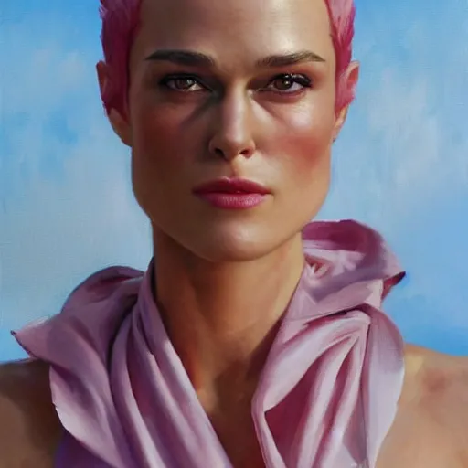 Image similar to greg manchess portrait painting of confident keira knightley with pink hair as beautiful thick muscular female bodybuilder zarya from overwatch, medium shot, asymmetrical, profile picture, organic painting, sunny day, matte painting, bold shapes, hard edges, street art, trending on artstation, by huang guangjian and gil elvgren and sachin teng