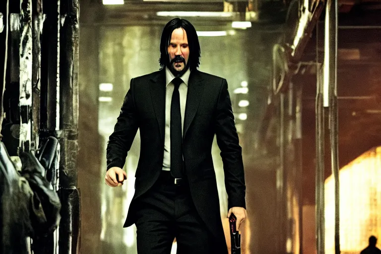 Prompt: John wick in the matrix fighting agent smith, cinematic