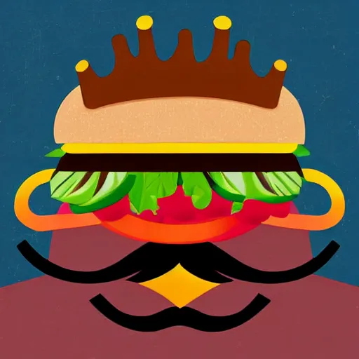 Prompt: a burger king sitting on a throne, bushy mustaches, long hair, royal, digital art, illustration