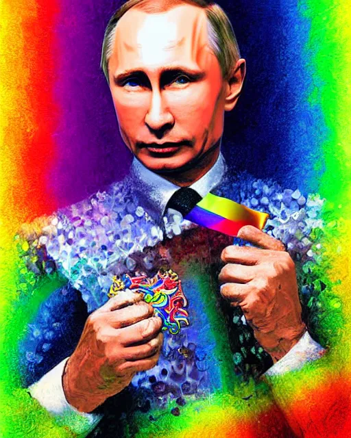 Image similar to a highly detailed portrait of Vladimir Putin holding a gay pride flag, intricate, digital painting, old english, particles floating, whimsical background by marc simonetti, John Singer Sargent style