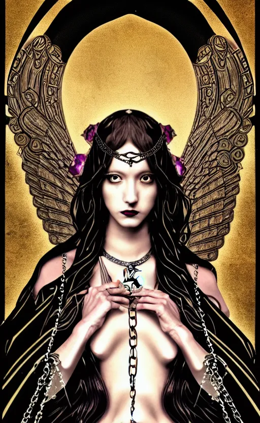 Prompt: tarot card, single figure, fallen angel, pearls, chains, serpents, leather, bismuth, style mix of peter chung, shepard fairey, botticelli, vatican, pre raphaelites, shoujo manga, dark and moody atmosphere, superfine inklines, ethereal, 4 k photorealistic