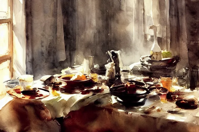 Image similar to paint brush strokes, abstract watercolor painting of medieval food serving, table cloth, art by hans dahl, by jesper ejsing, art by anders zorn, wonderful masterpiece by greg rutkowski, cinematic light, american romanticism by greg manchess, creation by tyler edlin