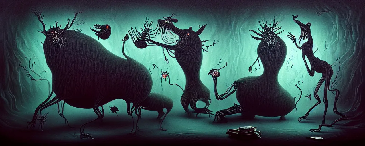 Image similar to whimsical alchemical creatures, surreal dark uncanny painting by ronny khalil