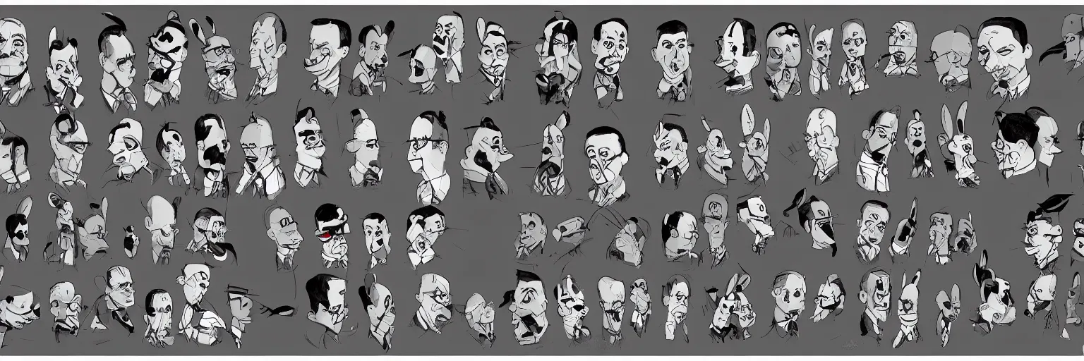 Prompt: character study of mike patton and adolf hitler dressed as a bunny, clear, evil, glasses, character sheet, fine details, concept design, contrast, kim jung gi, da vinci and pixar, trending on artstation, 8 k, full body and head, turnaround, front view, back view, ultra wide angle