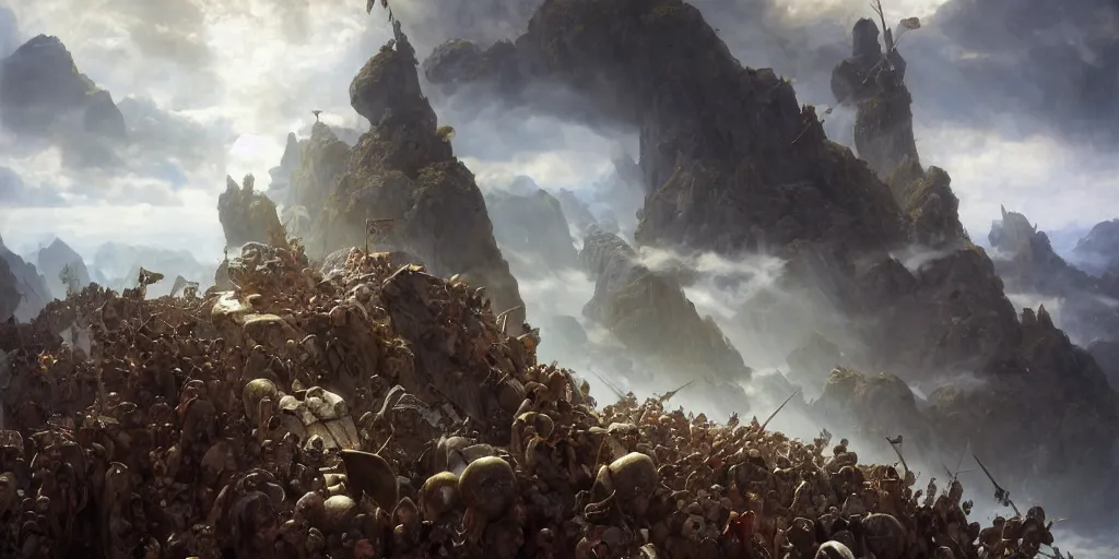 Image similar to barbarians, norse gods, fighting epic battle on rocks floating in the sky, celestial fortress in the clouds, thunder, good composition, artstation, 4 k illustration sharp focus cloceup sunlit painted by ruan jia raymond swanland lawrence alma tadema zdzislaw beksinski norman rockwell tom lovell alex malveda greg staples