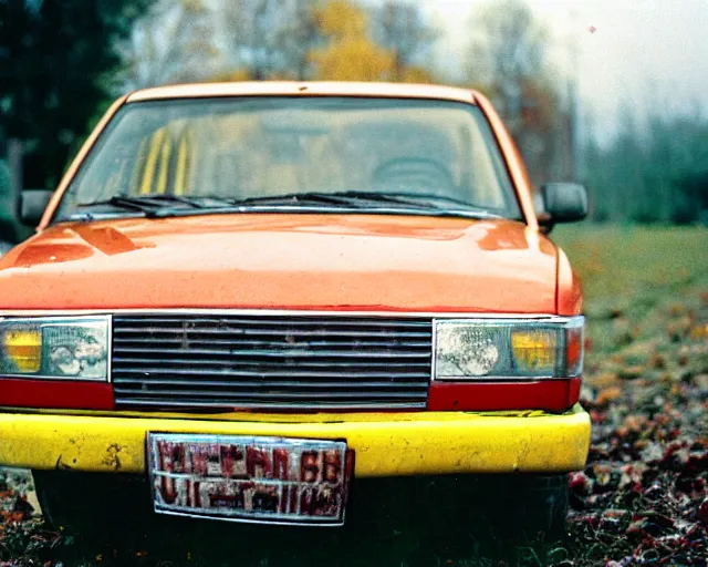 Image similar to a lomographic photo of old lada 2 1 0 7 standing in typical soviet yard in small town, autumn, cinestill, bokeh