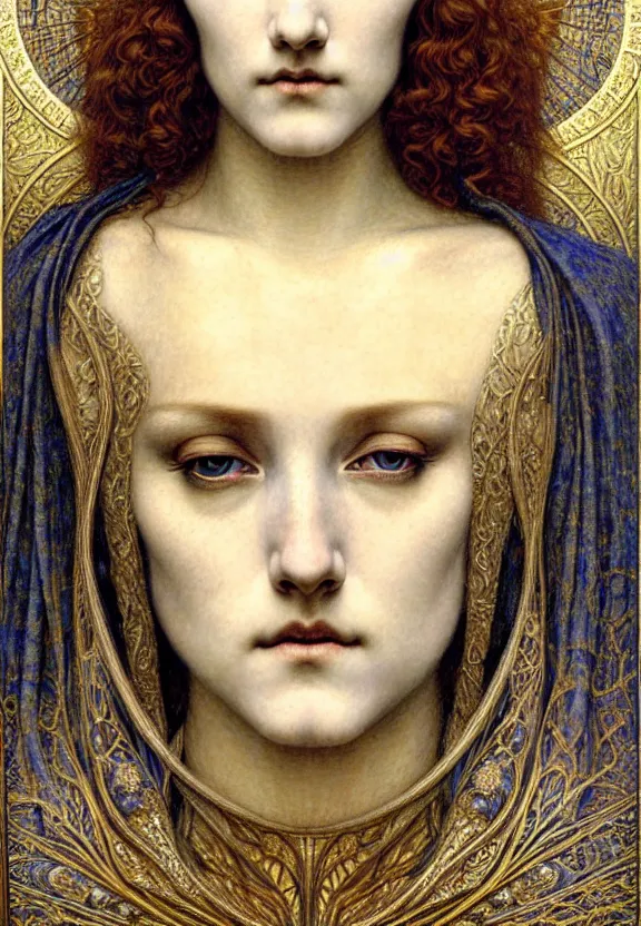 Image similar to detailed realistic beautiful young medieval queen face portrait by jean delville, gustave dore and marco mazzoni, art nouveau, symbolist, visionary, gothic, pre - raphaelite. horizontal symmetry