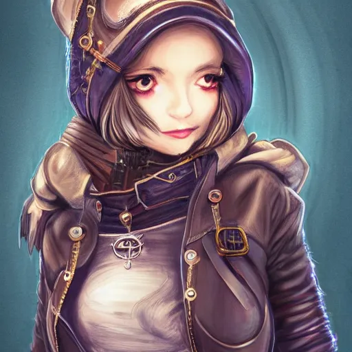 Image similar to character portrait of a cute steampunk girl in a hoodie, highly detailed, arstation, art, professional, cyberpunk