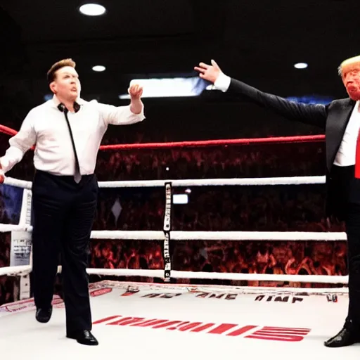 Image similar to trump and elon musk in a boxing ring