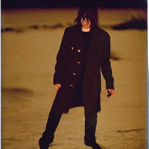 Image similar to 9 0 s polaroid photograph of norman reedus wearing a trenchcoat at night, dancing on a beach during cloudy weather, vignette