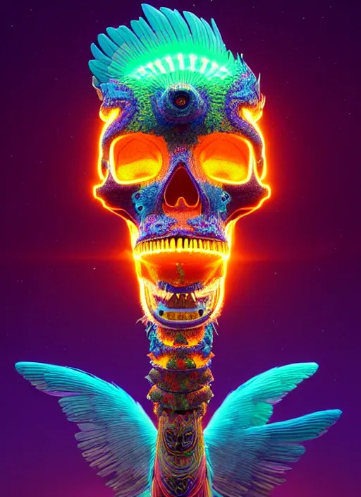 Image similar to 3 d totem portrait, sigma 5 0 0 mm f / 5. global illumination beautiful intricate highly detailed quetzalcoatl skull and feathers. bioluminescent, plasma, lava, ice, water, wind, creature, thunderstorm! artwork by tooth wu and wlop and beeple and greg rutkowski, 8 k trending on artstation,