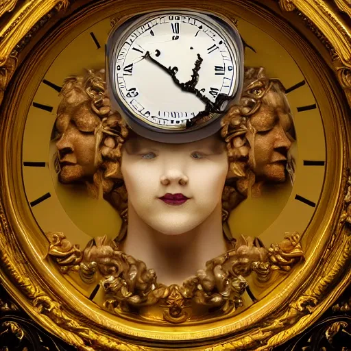 Image similar to human head replaced with clock in baroque style , surrealism , hyperrealistic , photoreaistic