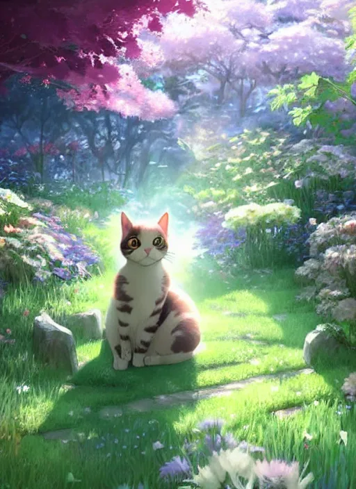 Image similar to portrait of a cute cat in an enchanted garden, digital illustration, by makoto shinkai and ruan jia and studio ghibli