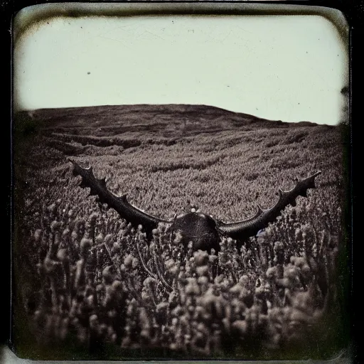 Prompt: daguerreotype polaroid photo of an sea monster in the heather on the north yorkshire moors
