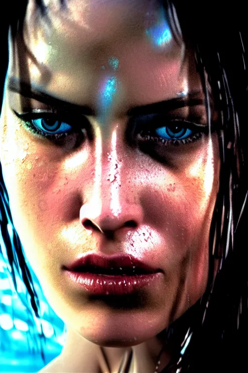 Image similar to cinestill 5 0 d candid action photographic portrait by quentin tarantino of lara croft in treacherous waters, extreme closeup, modern cyberpunk retrofuturism moody emotional cinematic, pouring iridescent rain, 8 k, hd, high resolution, 3 5 mm, f / 3 2, motion blur, ultra realistic faces, ex machina 8 k