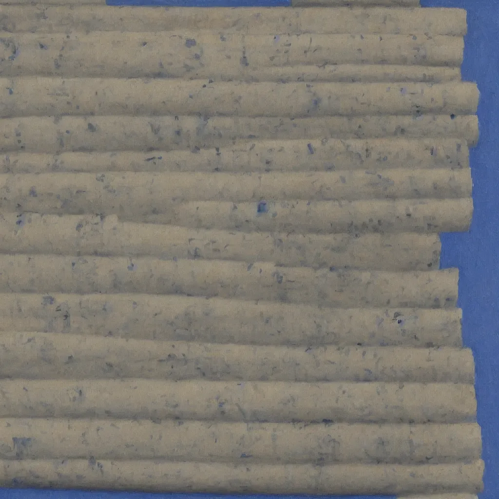 Image similar to oil painting of a very thick roll of newspaper standing vertically against a blue background, impressionist artwork