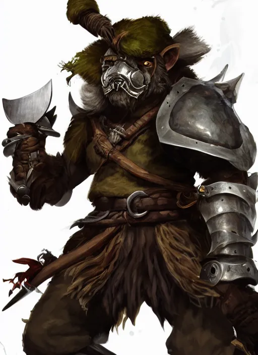 Image similar to strong young man, photorealistic bugbear ranger holding aflaming sword, black beard, dungeons and dragons, pathfinder, roleplaying game art, hunters gear, jeweled ornate leather and steel armour, concept art, character design on white background, by studio ghibli, makoto shinkai, kim jung giu, poster art, game art