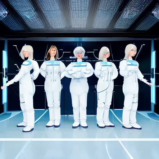 Prompt: line of six tall short fat scrawny women, white hair, tight light blue neopren space uniforms, futuristic chemistry lab, sci - fi, highly detailed, cinematic