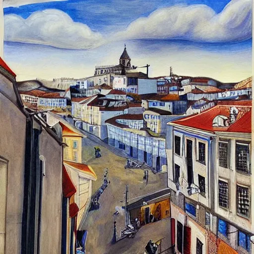 Prompt: street art. paralyzed by the indescribable beauty of the cosmos. amazing view of the streests of lisbon city. art style by paula rego daring, incredible