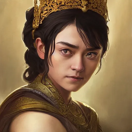 Prompt: Portrait of arya stark as javanese princess, elegant, digital painting, highly detailed, fantasy, artstation, concept art, smooth, sharp focus, illustration, art by artgerm and greg rutkowski and alphonse mucha