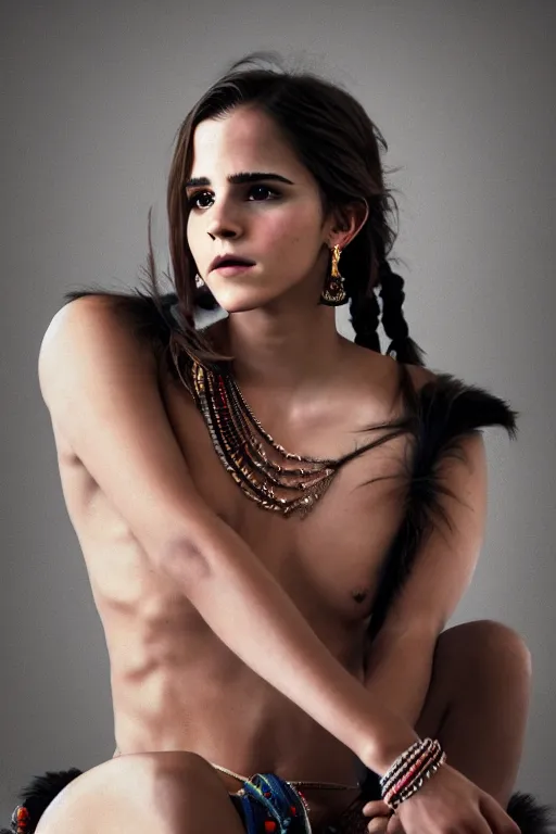 Prompt: Photo of Native Indian woman Emma Watson, portrait, skilled exotic dancer, realistic, detailed, Emma Watson, photorealism, Sony A7R