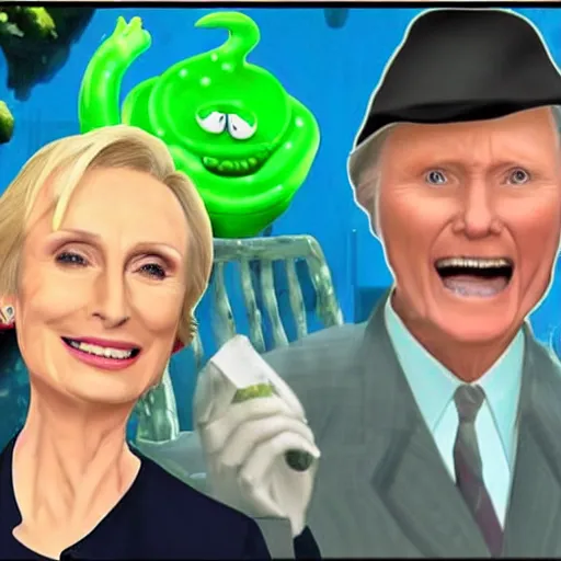 Prompt: john voight pranking jane lynch, green slime bucket, throwing slime at her, jane lunch is furious, steam coming out her ears, john voight is giddy, ps 2 graphics, water colour style