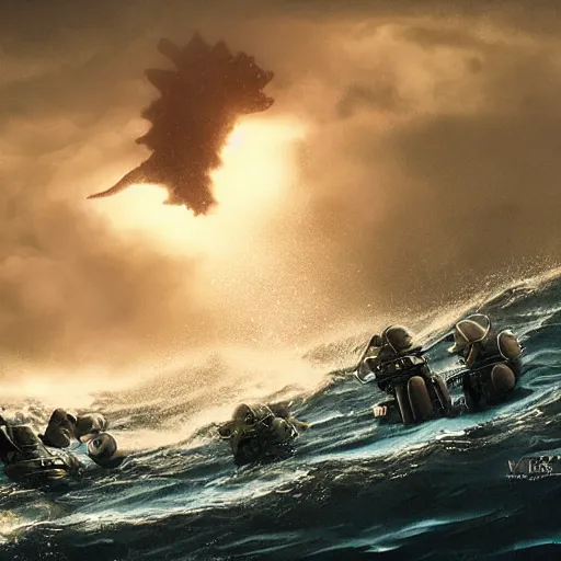 Prompt: Marines underwater fighting against godzilla, huge waves crashing against rocks, dramatic lighting, Ghibli Studio, Michael Parkes, Simon Stålenhag, global illumination, hyper-realistic