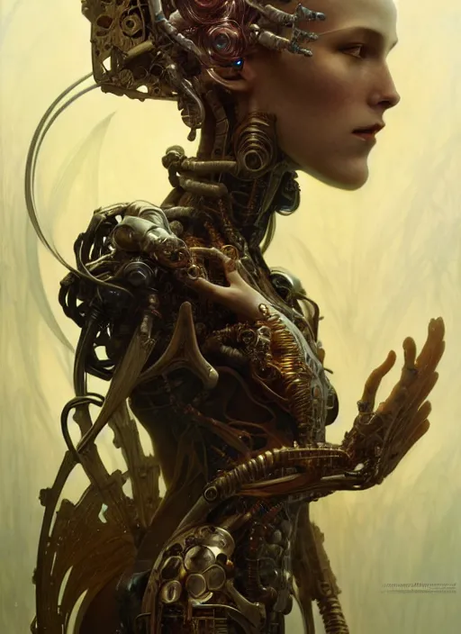 Image similar to ancient organic cyborg, diffuse lighting, fantasy, intricate, elegant, highly detailed, lifelike, photorealistic, digital painting, artstation, illustration, concept art, smooth, sharp focus, art by John Collier and Albert Aublet and Krenz Cushart and Artem Demura and Alphonse Mucha
