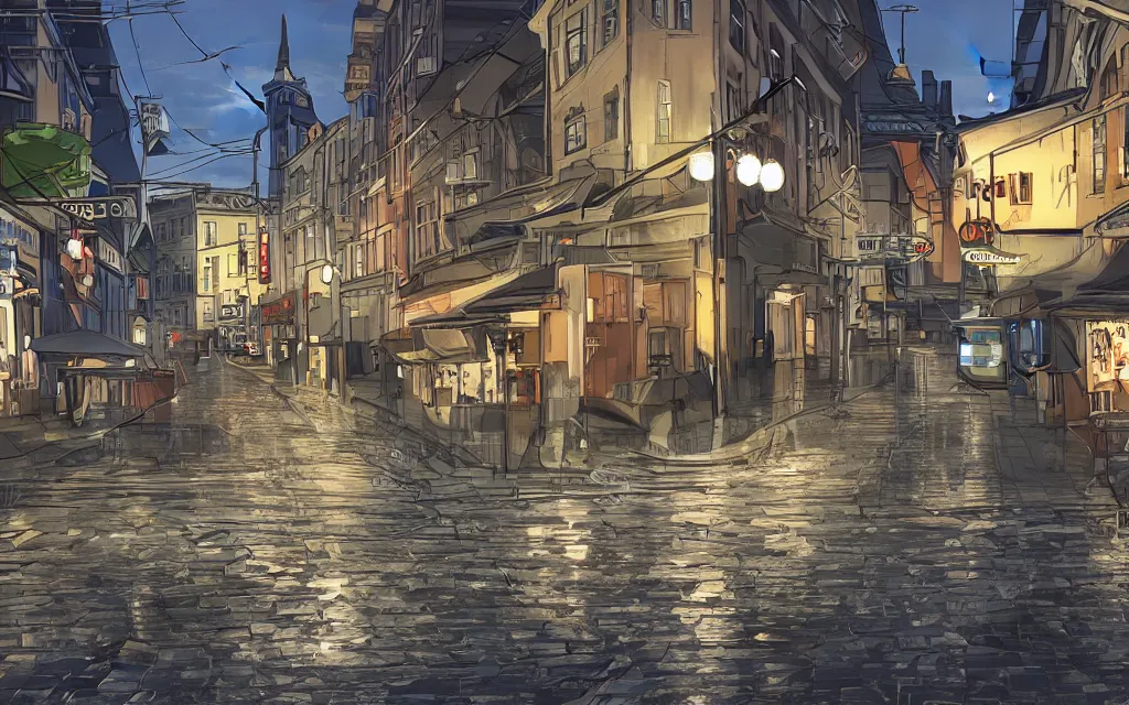 Image similar to concept art, wet helsinki street at night, in the style of grand theft auto gameplay