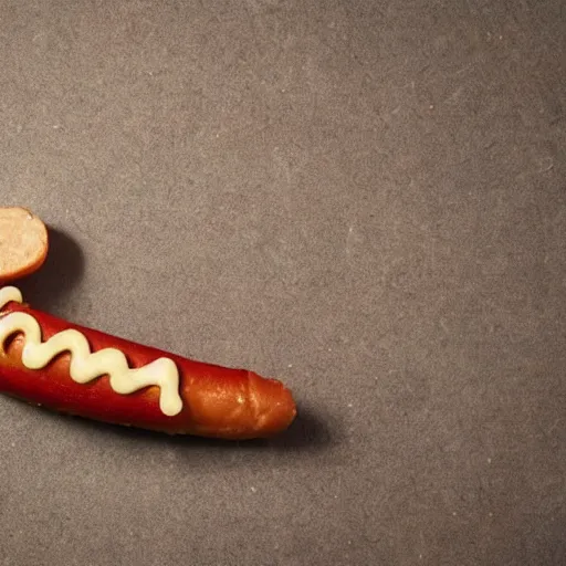 Image similar to a hotdog biting its own tail