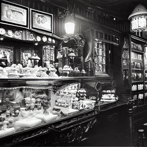 Image similar to Inside an old fashioned sweet shop, fantasy vendor interior, wide angle, cinematic, highly detailed, cinematic lighting , photo-realistic, 1900s