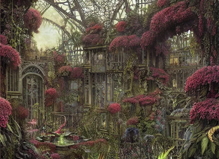 Image similar to an elaborate lovecraftian garden with exotic flowers, shrubberies and a beautiful greenhouse intricate, elegant, highly detailed, matte, sharp focus, illustration, art by ferdinand knab, greg rutkowski andh. p. lovecraft