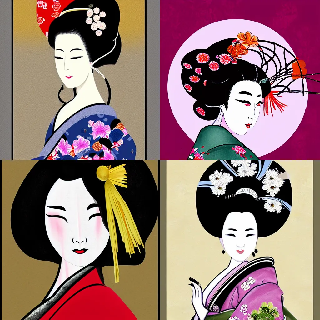 Prompt: digital painting of a beautiful geisha in the style of sumi - e art