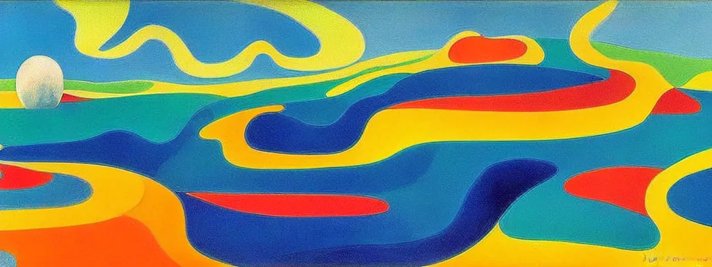 Image similar to Psychedelic sci-fi dreamworld. Landscape painting. Organic. Winding rushing water. Waves. Clouds. Landscape by Wayne Thiebaud. Matisse.