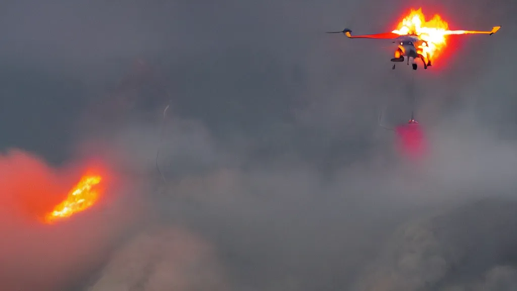 Image similar to person wearing a sponsored team jersey with logos jumping out of a helicopter with a surfboard into a volcano, action shot, dystopian, thick black smoke and fire, sharp focus