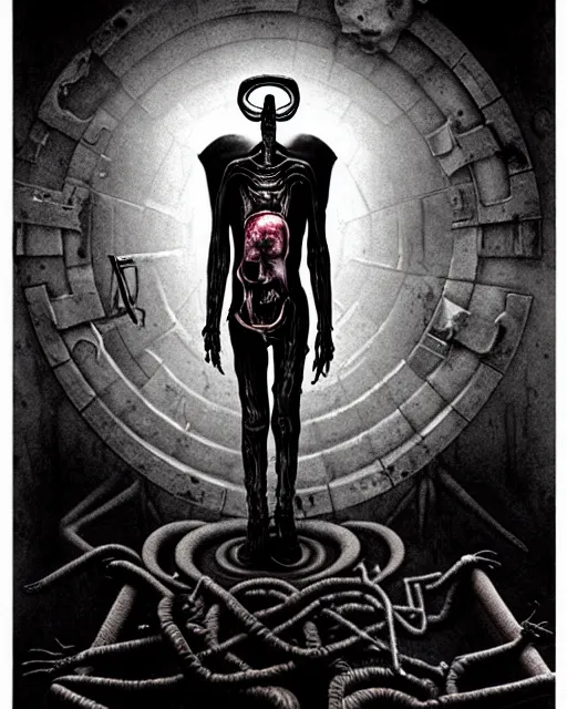 Image similar to full-body creepy realistic central composition, a decapitated soldier with futuristic elements. he welcomes you into the fog with no head, dark dimension portal, empty helmet inside is occult mystical symbolism headless full-length view. attendants watching, standing in ancient gate eldritch energies disturbing frightening eerie, uneasy atmosphere, artwork by Salvador Dali and Junji Ito