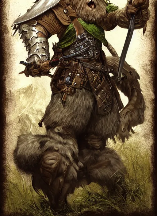 Image similar to strong young man, photorealistic bugbear ranger holding aflaming sword, black beard, dungeons and dragons, pathfinder, roleplaying game art, hunters gear, jeweled ornate leather and steel armour, concept art, character design on white background, by alan lee, norman rockwell, makoto shinkai, kim jung giu, poster art, game art