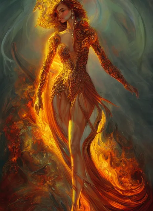 Image similar to a goddess walking through flames, hyperdetailed, digital drawing, artstation, intricate, elegant, by Julie Bell