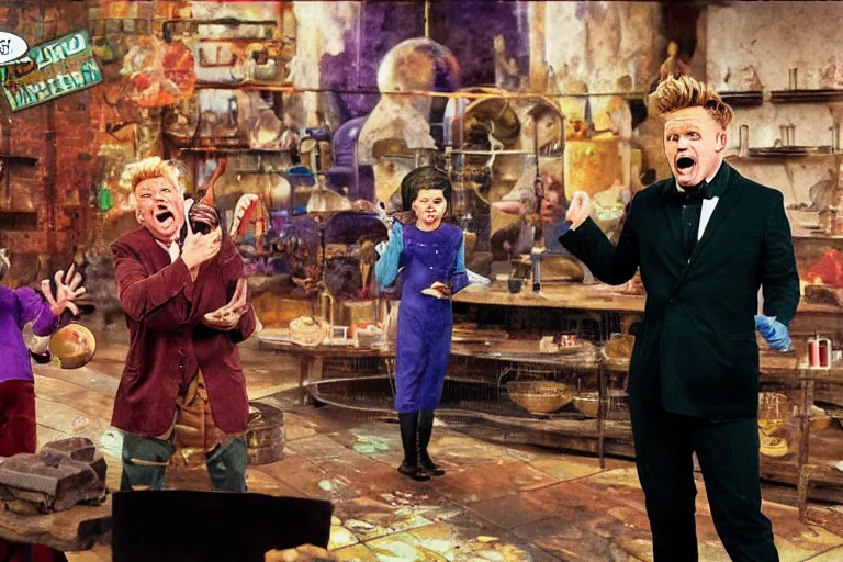 Image similar to A mixed media painting of gordon ramsay yelling at willy-wonka during a tour of the chocolate factory on kitchen nightmares, by Frank Frazetta, Greg Rutkowski, Beeple, post-processing, low angle, masterpiece, cinematic, isometric, volumetric lighting, oompa loompas in background