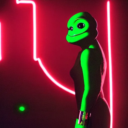 Prompt: cinematic portrait of pepe the frog as a replicant in a busy nightclub, frightened and angry, still from the movie bladerunner, fashion photography, a neon sign is in the background