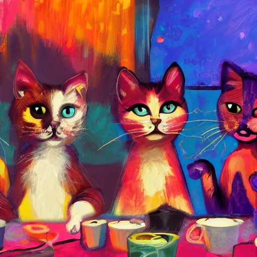 Image similar to cat partying in a club. digital art, expressive painting, trending on artstation.