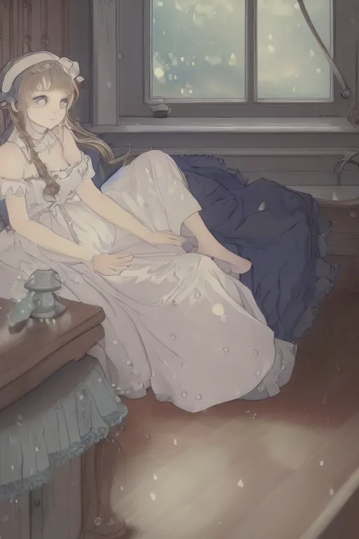 Image similar to a young lolita dressed girl in a maid's outfit in the bedroom typing front the notebook at night, raining outside the window, grey and blue theme, wavy white long hair by krenz cushart and mucha and akihito yoshida and makoto shinkai and greg rutkowski, 4 k resolution