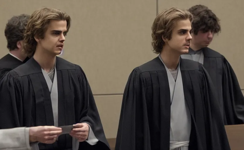 Image similar to anakin skywalker played by hayden christensen in jedi robes talking to a lawyer saul goodman suit in court, us court, better call saul scene 1 0 8 0 p, court session images, realistic faces