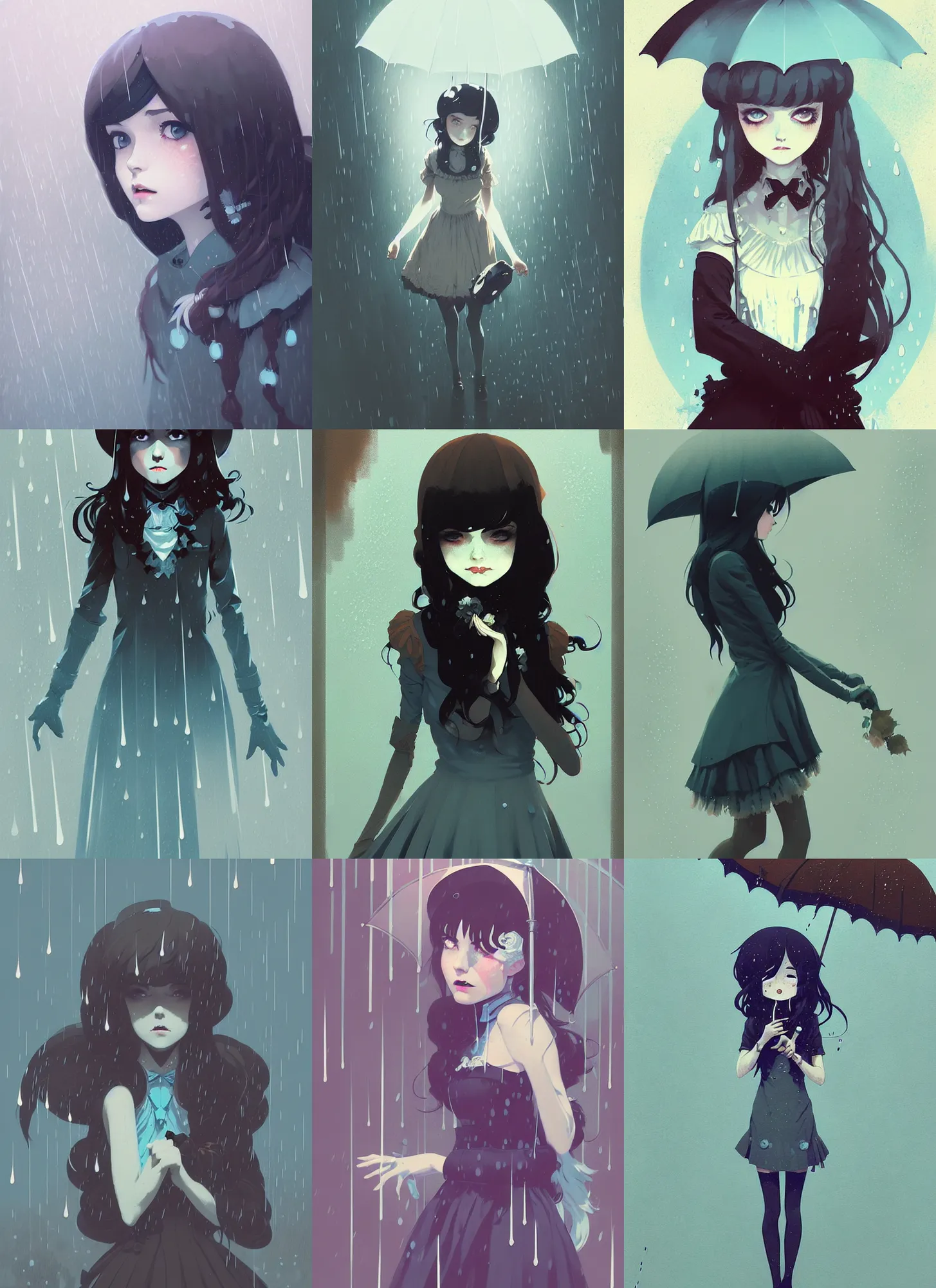 Prompt: highly detailed portrait of gothic lolita, raining, by atey ghailan, by greg rutkowski, by greg tocchini, by james gilleard, by joe fenton, by kaethe butcher, gradient light blue, brown, blonde cream and white color scheme, grunge aesthetic