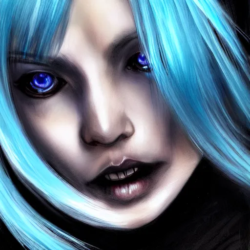 Prompt: portrait of rimuru tempest, sky blue straight hair, long bangs, with amber eyes, wearing a black jacket, high collar, ultra detailed, brush strokes, skin texture, digital painting, cinematic, wlop artstation, closeup, pixiv, eerie, scary, intimidating glare, evil, junji ito, yoshitaka amano