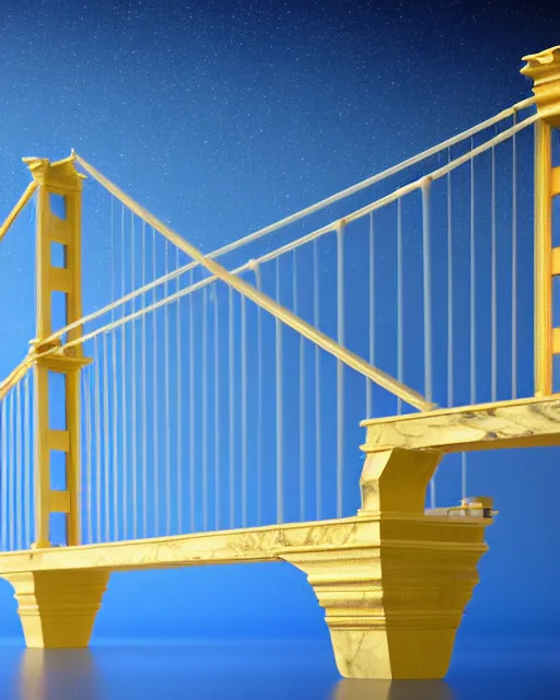 Image similar to scientifically realistic render scifi golden bridge to royal fortress stronghold temple carved out of marble skeleton and blue gems rendered in octane