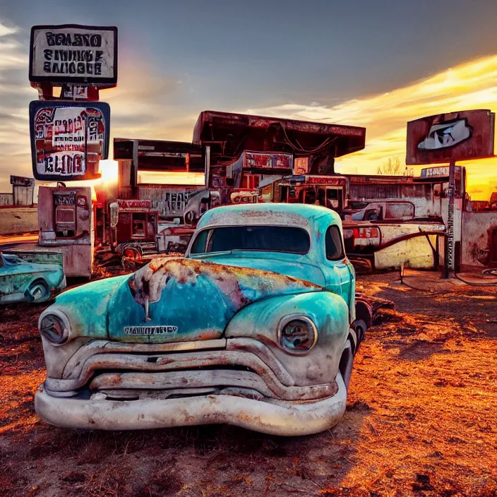 Image similar to a sunset light landscape with historical route 6 6, lots of sparkling details and sun ray ’ s, blinding backlight, smoke, volumetric lighting, colorful, octane, 3 5 mm, abandoned gas station, old rusty pickup - truck, beautiful epic colored reflections, very colorful heavenly, softlight