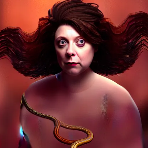 Image similar to rachel bloom with hissing snake ghosts for hair like medusa, fantasy, glamorous, beautiful, sharp focus, 8 k resolution, artstation