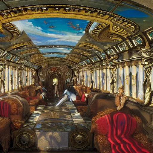 Prompt: clear detailed painting of the inside of the ornate underwater train to atlantis, various weird and wonderful characters sat down, by william powell frith and and frederic leighton, ultra wide angle, 4 k