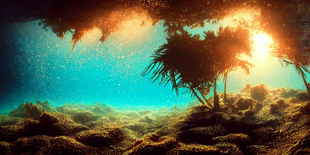 Prompt: underwater beach with palmtrees seaweed air bubbles, golden hour, caustics, shallow depth of field, moody lighting, 8 k, concept art,